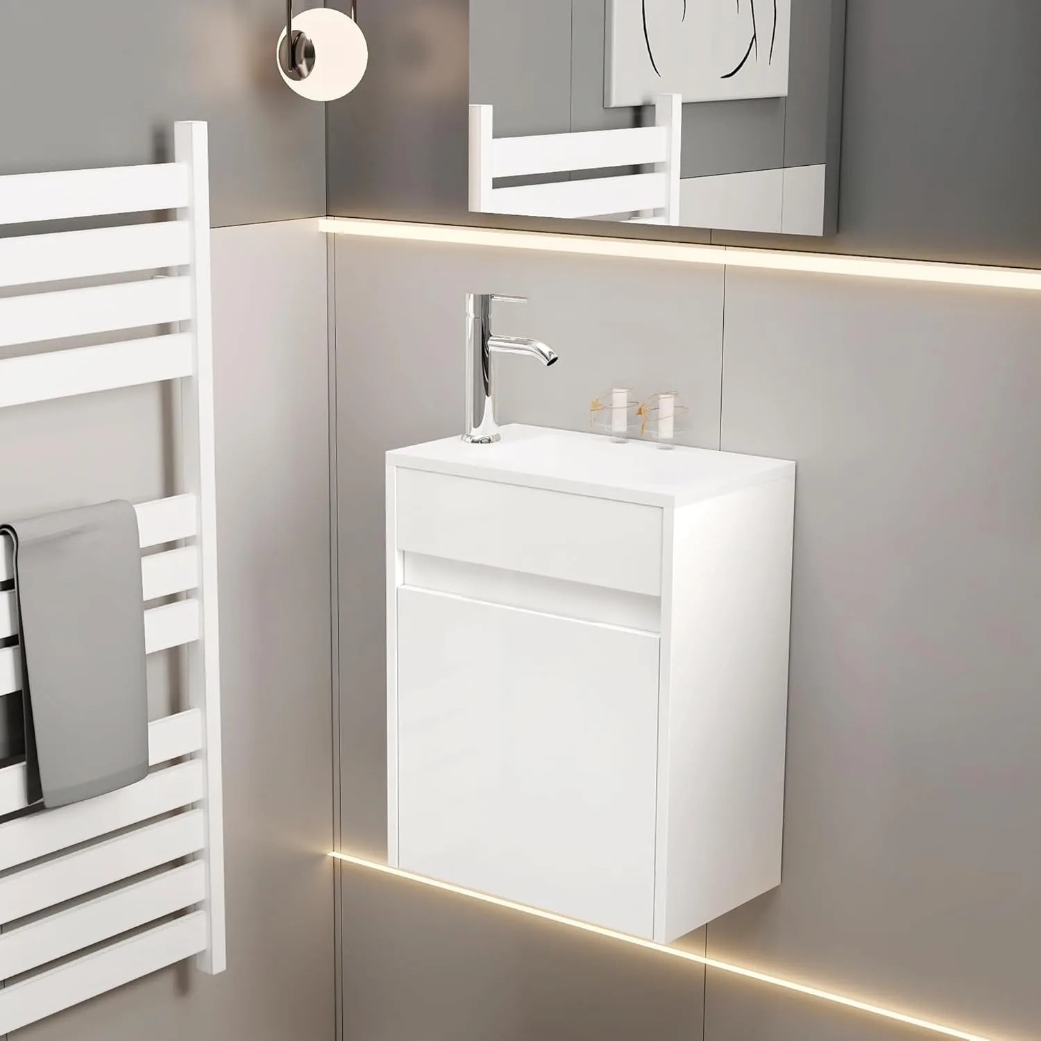 16"Small Bathroom Vanity Sink Combo,Wall Mounted Floating Cabinet W/Resin Basin Sink Top,Chrome Water Save Faucet & Pop Up Drain 2