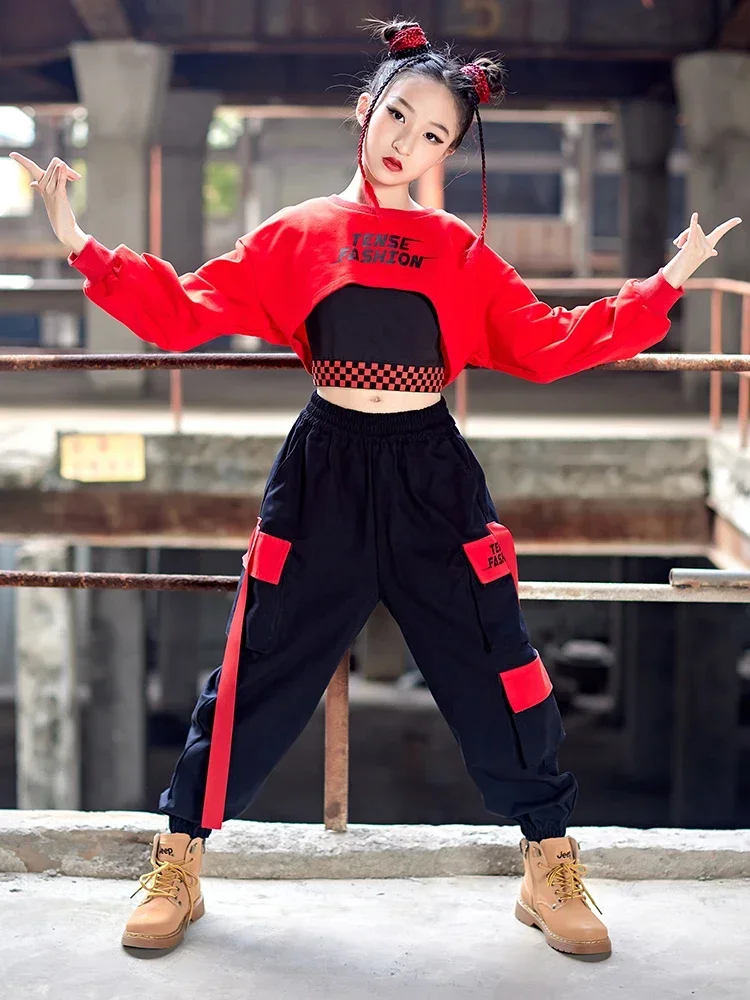 girl dance costume Teen Kids Fashion Streetwear Stage Outfit Girls Kpop Hip Hop Clothes Jazz Dance Costume Red Crop Tops Cargo Pants