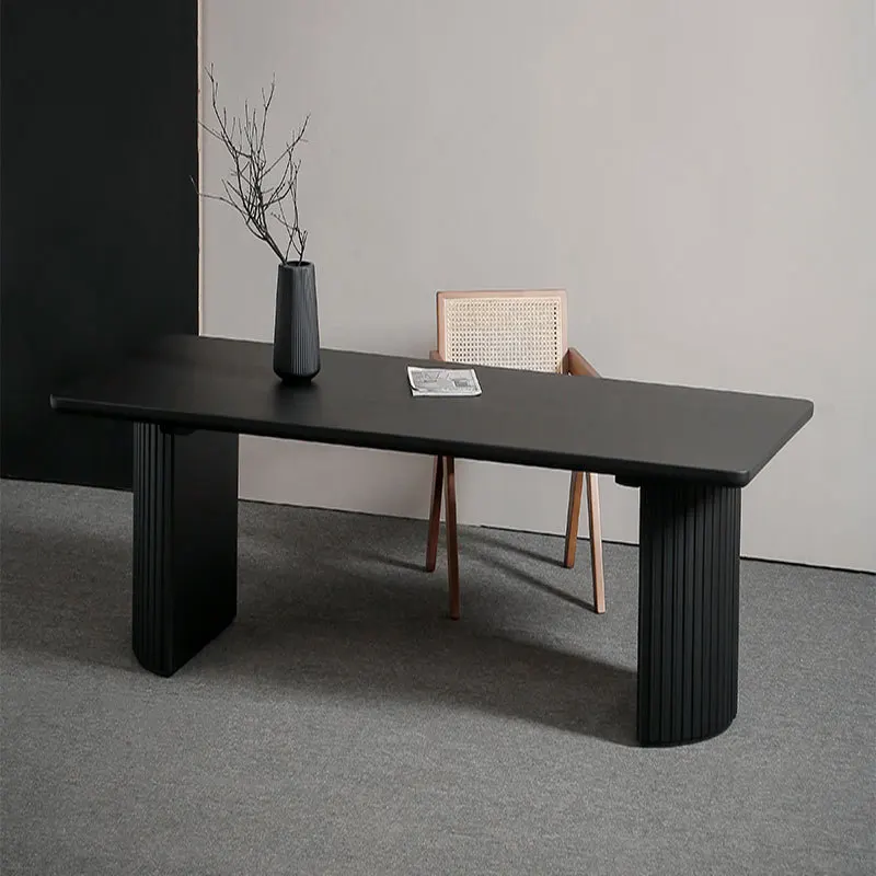 Atunus Nordic Minimalist Reclaimed Solid Wood Black Dining Table Ribbed Modern Luxury Dining Table 8 Seater Oval