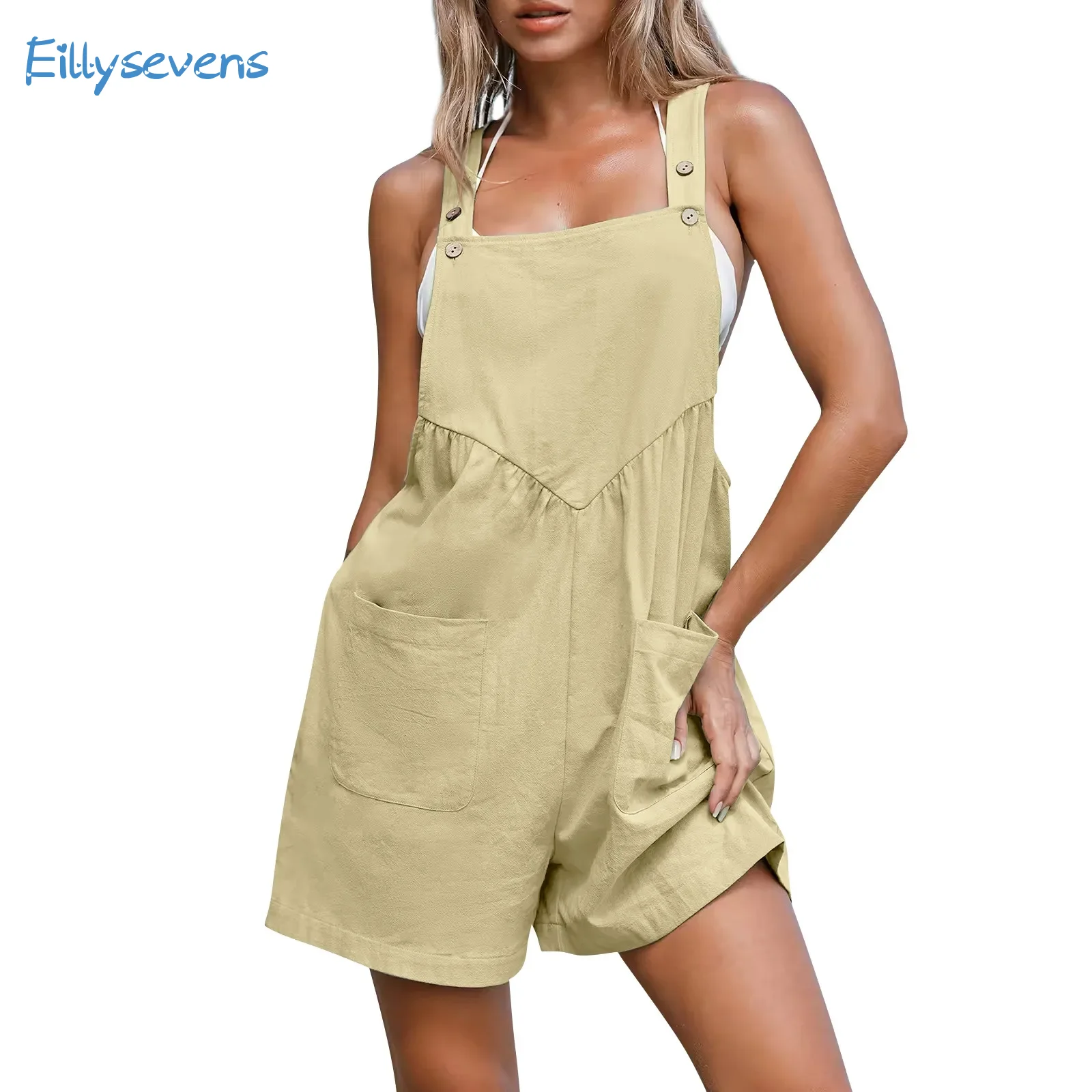 Pantaloncini Da Donna Tute Moda Casual Allentate Solide Tute Senza Maniche Estate Nuove Tute Con Bottoni Stile Cargo Con Tasche