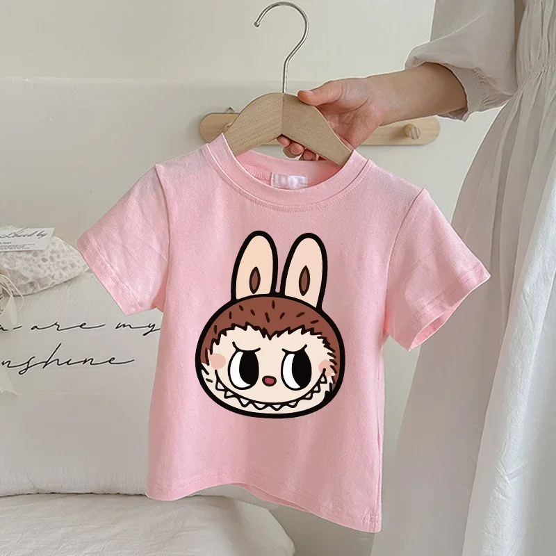 Labubu Pop Mart Pink T-shirt for Children Cartoon Anime Summer Short Sleeved Shirt Boys Girls Fashion Cute Clothing Kids Clothes 5