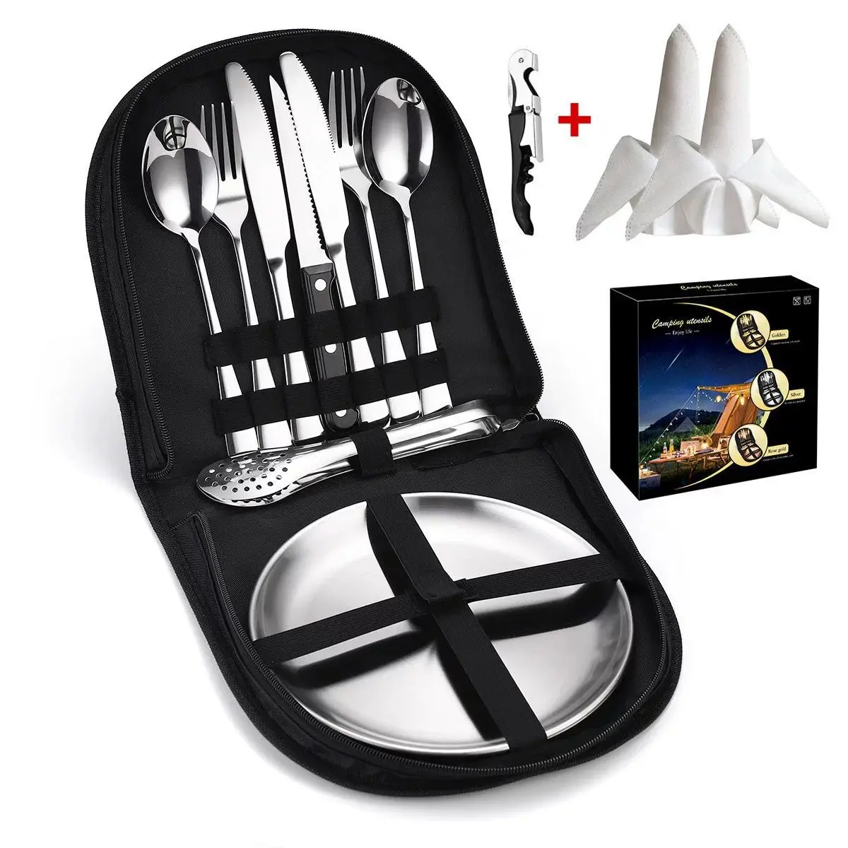 

Portable Stainless Steel Cutlery Knife Fork Spoon Premium Silver Outdoor Camping BBQ Resable Cutlery Set Camping Picnic Kit