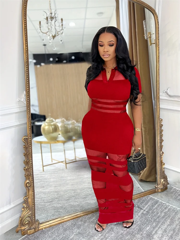 Wmstar Dresses for Women Clothing Wholesale Polo Collar Mesh Fabric Patchwork Bodycon Hugging Sexy Long Shirt Dress Dropshopping