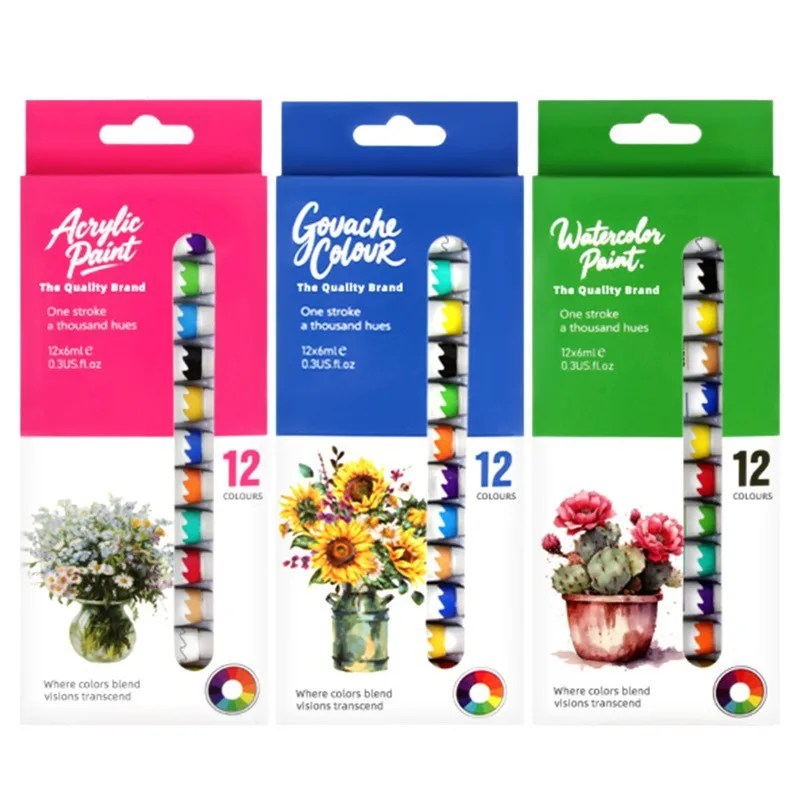 6ml 12색 아크릴 수채화 구아슈 안료 밝은 색상 고채도 페인팅 그래피티 야외 스케치 아트 창작