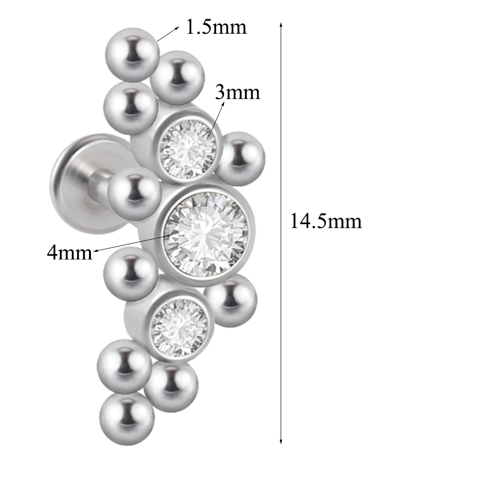Ear Studs 1PC Surgical Steel Labret Flat Base Crystal Cluster Helix Tragus Cartilage Piercing Jewelry 16G