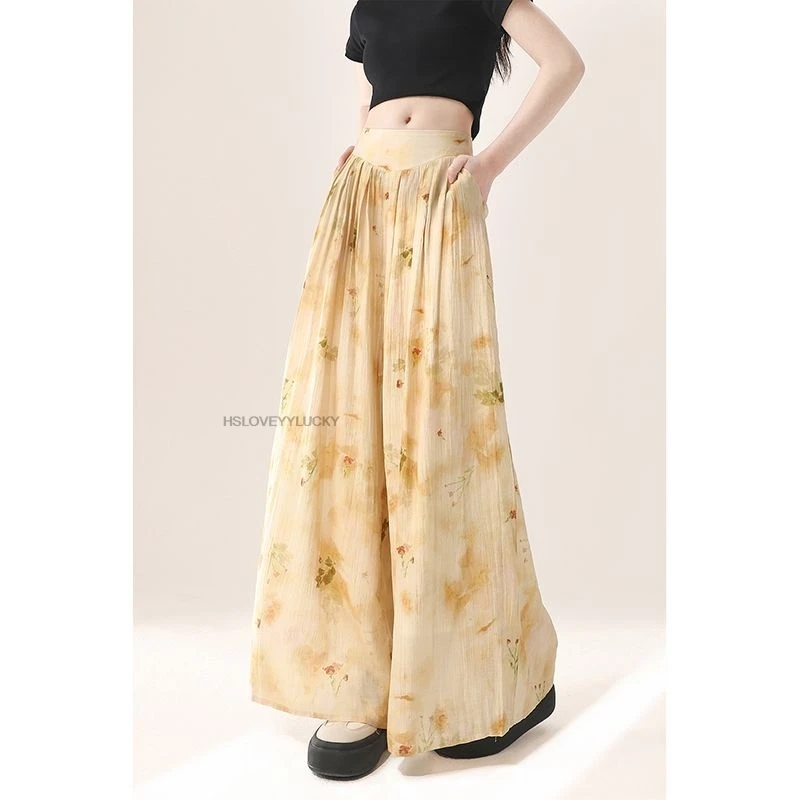 women's New Chinese Style Flower Print Wide Leg Casual Pants New Ice Silk Thin Straight Loose Pant Chiffon Oriental Pants
