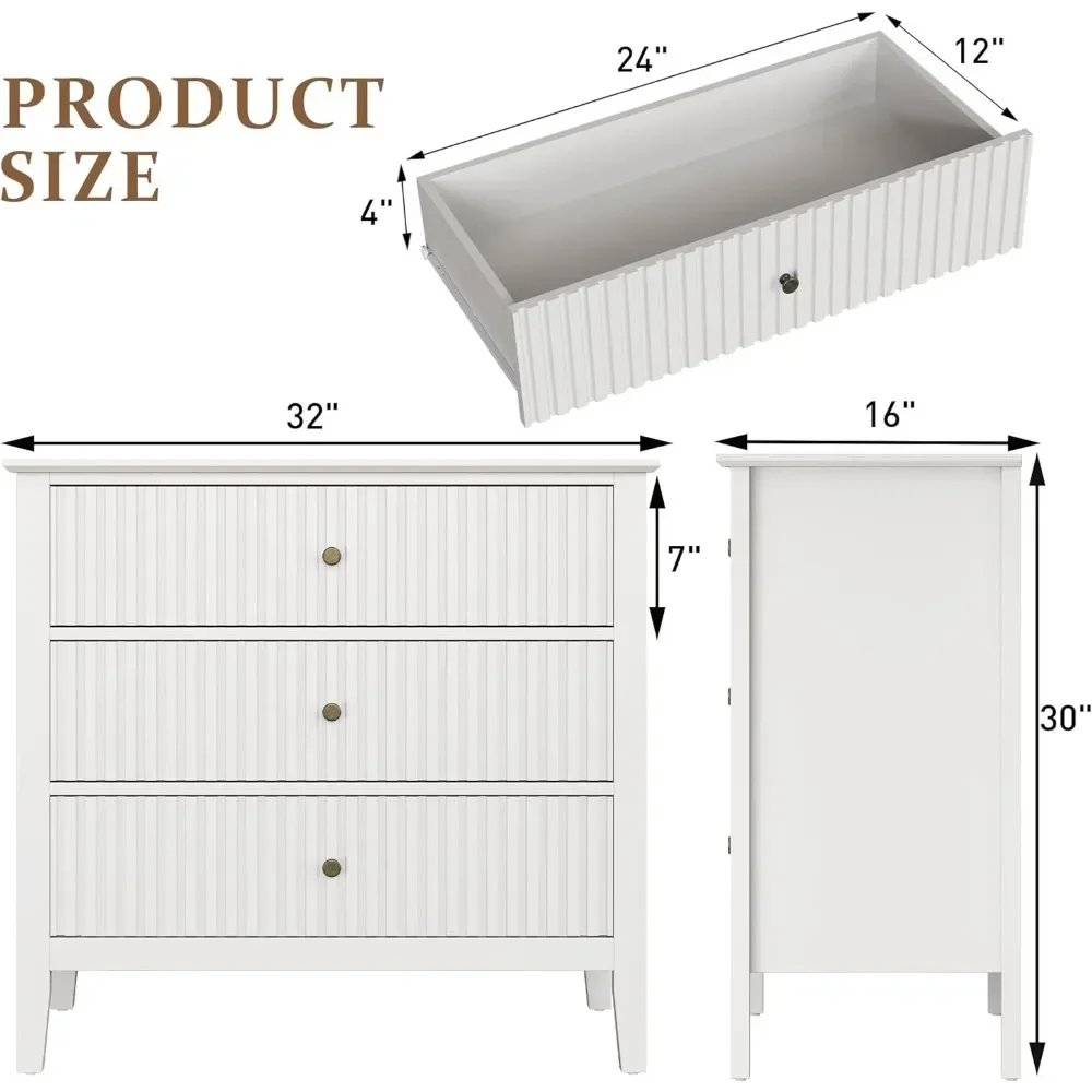 3 Drawer Dresser Set of 2, Fluted Chest of Drawers with Storage, Modern Painted 30 inch Tall Nightstand for Bedroom Living Room 3