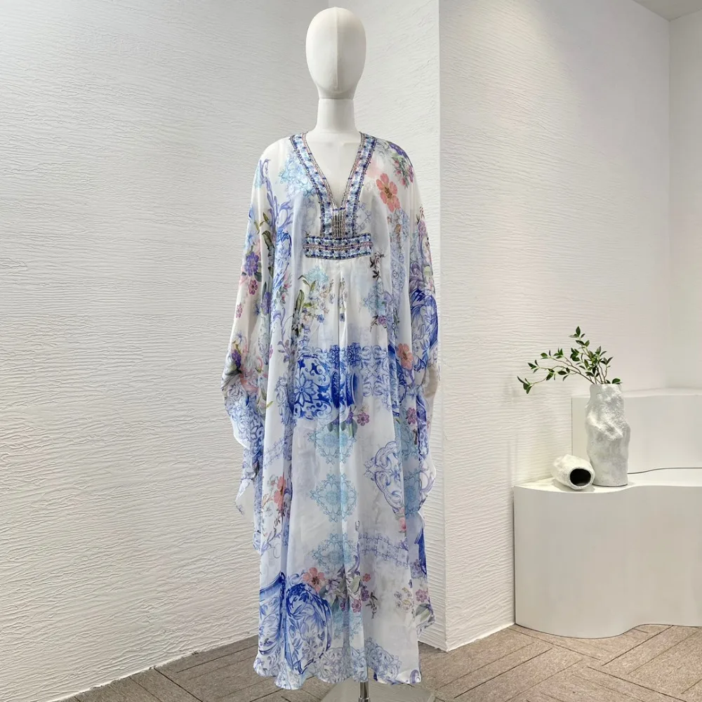 

2024 New White Blue Floral Print Long Sleeve Loose Maxi Dress