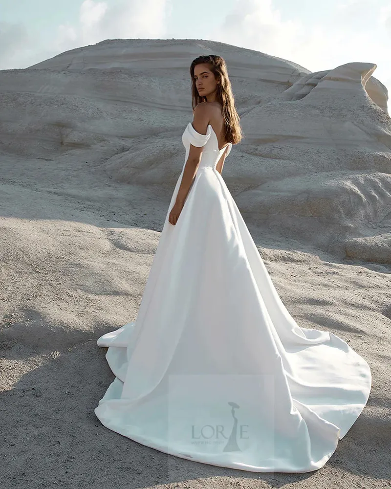 Satin A Line Wedding Dresses Sleeveless Off The Shoulder Bridal Gowns Long  | eBay
