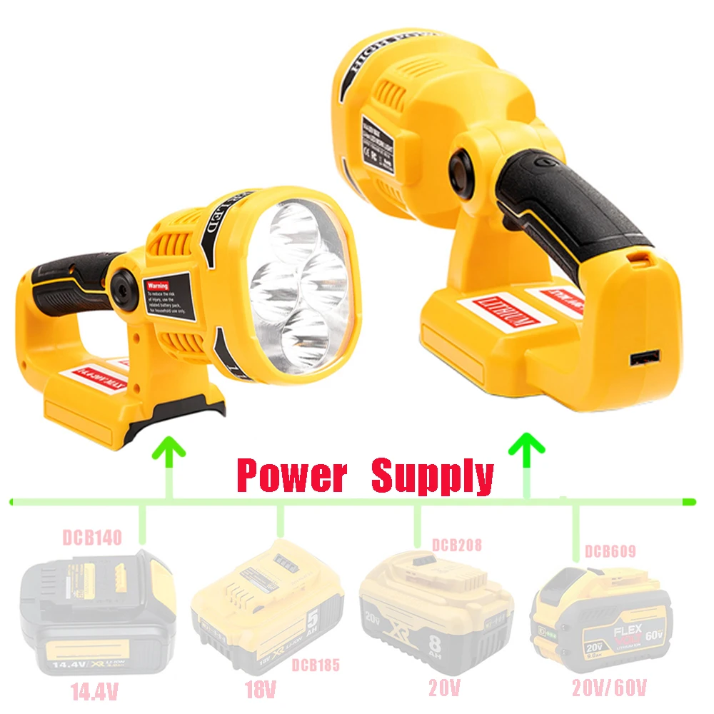 Portable Spotlight LED Warning Light Work Lamp Flashlight Torch Hand Lantern for Dewalt XR 14.4V 18V 20V FlexVolt Li-ion Battery