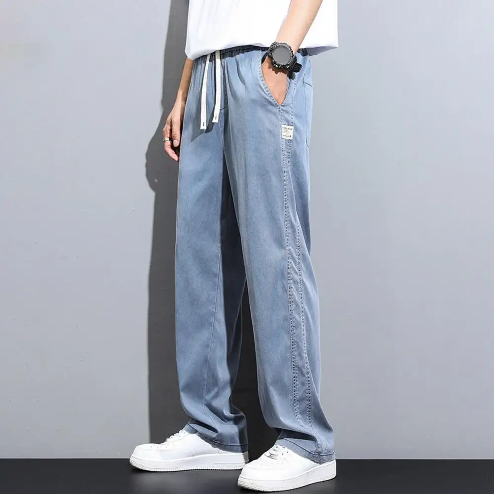Description Picture 4 of itemMen Pants Wide Leg Straight Thin Side Pockets Drawstring Elastic Waist Solid Color Gym Traning Jogging Sweatpants Long Trousers
