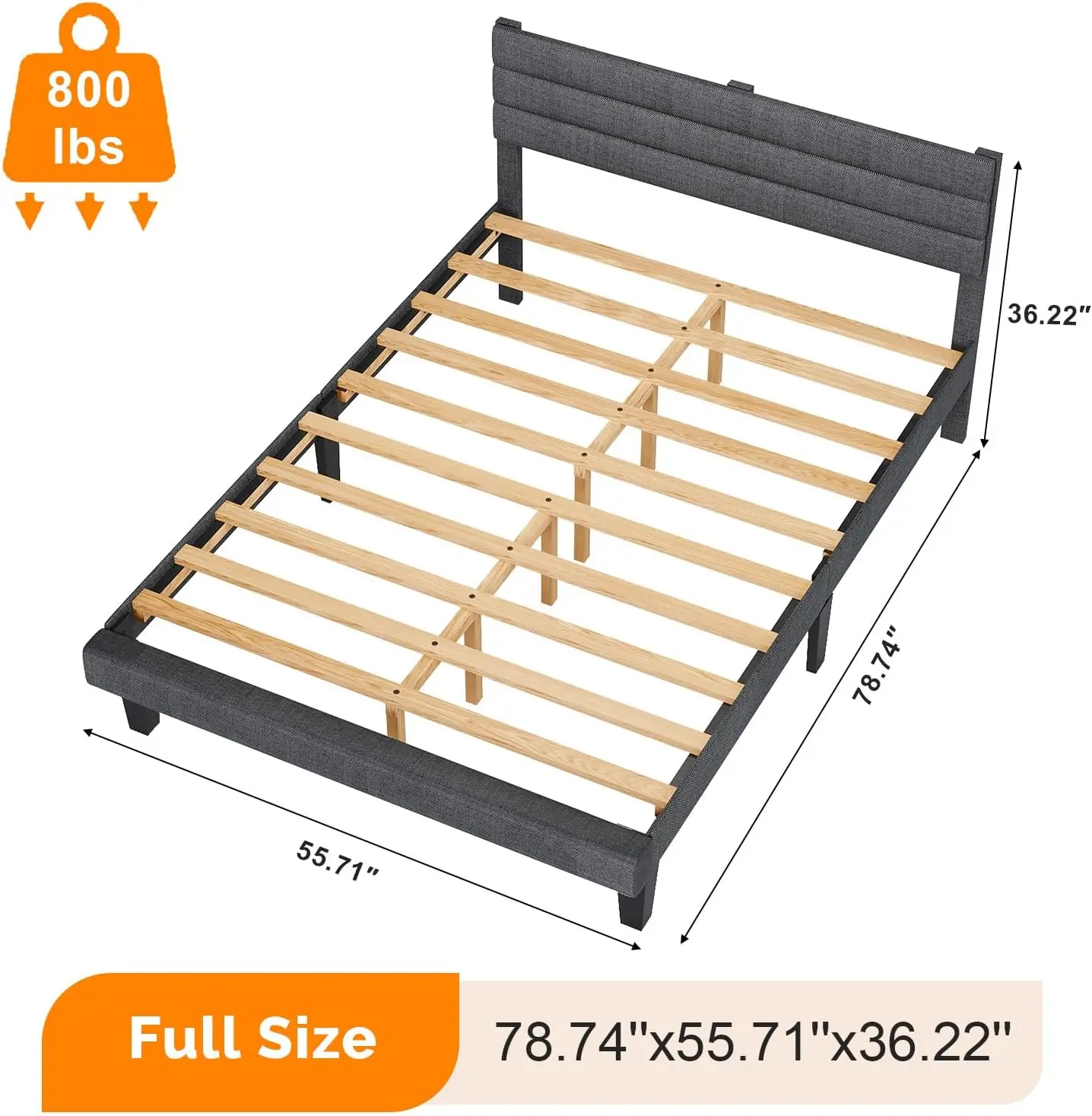 Full Bed Frame with Headboard,Upholstered Platform Bed with Adjustable Headboard,Heavy Duty Slats Support