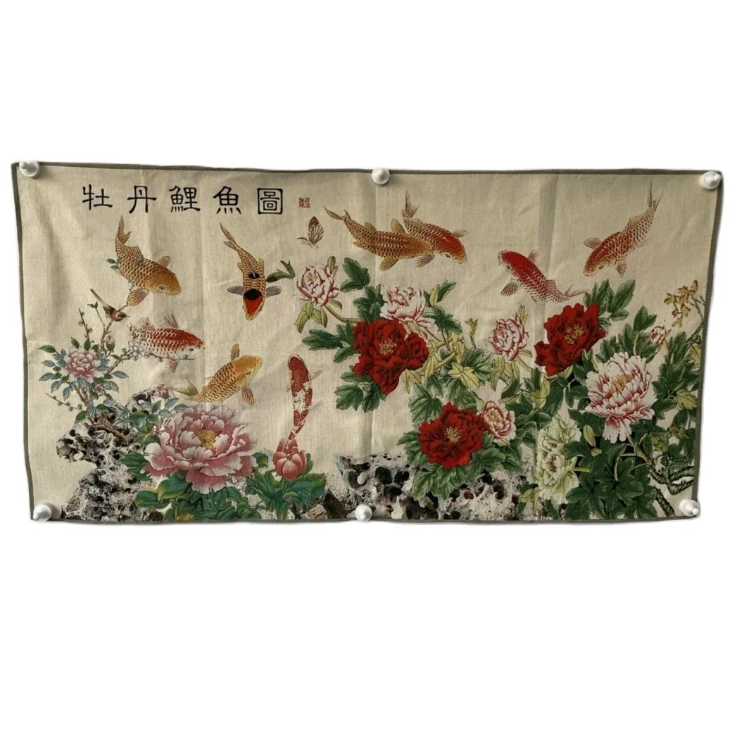 

Пион и карп, иллюстрация, антикварная вышивка Tangka, украшение, подвесное изображение