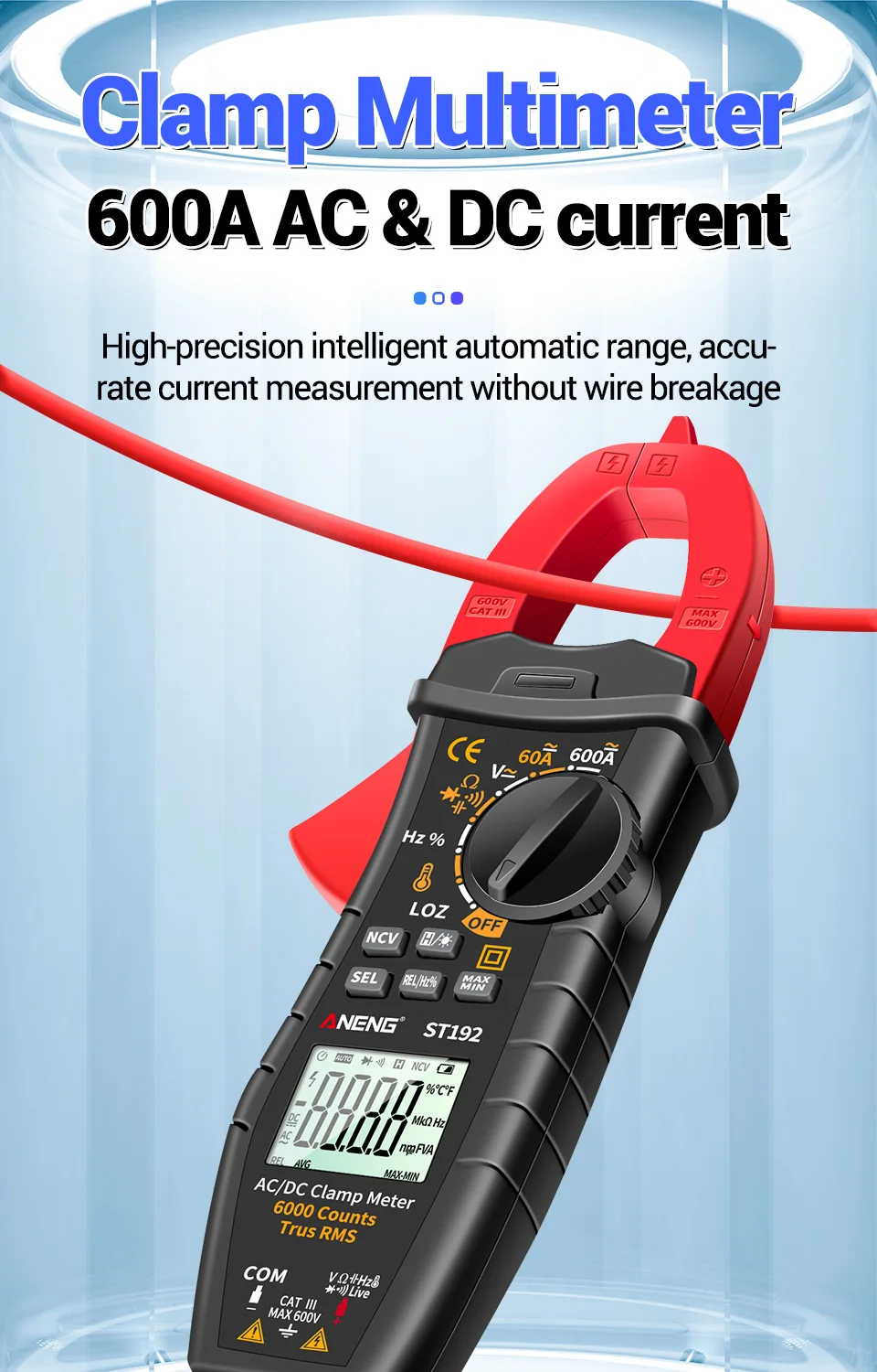 Description Picture 2 of itemANENG ST192 Digital Clamp Meters Multimeter 60A/600A Tester AC/DC Current 6000 Counts True RMS Capacitance NCV Ohm Hz Transistor