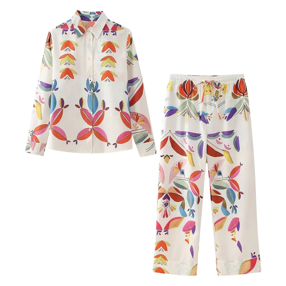 Zach Ailsa 2024 Spring New Product Women's Fashion Polo Collar Long sleeved Printed Shirt Pajama Style High Waist Pants Set