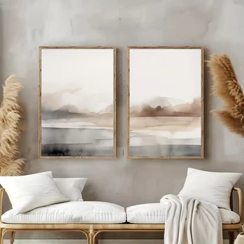 Quadro su tela senza cornice, stile scandinavo, con paesaggio neutro ad acquerello, linea astratta, minimalista, per decorazione murale, casa e camera da letto