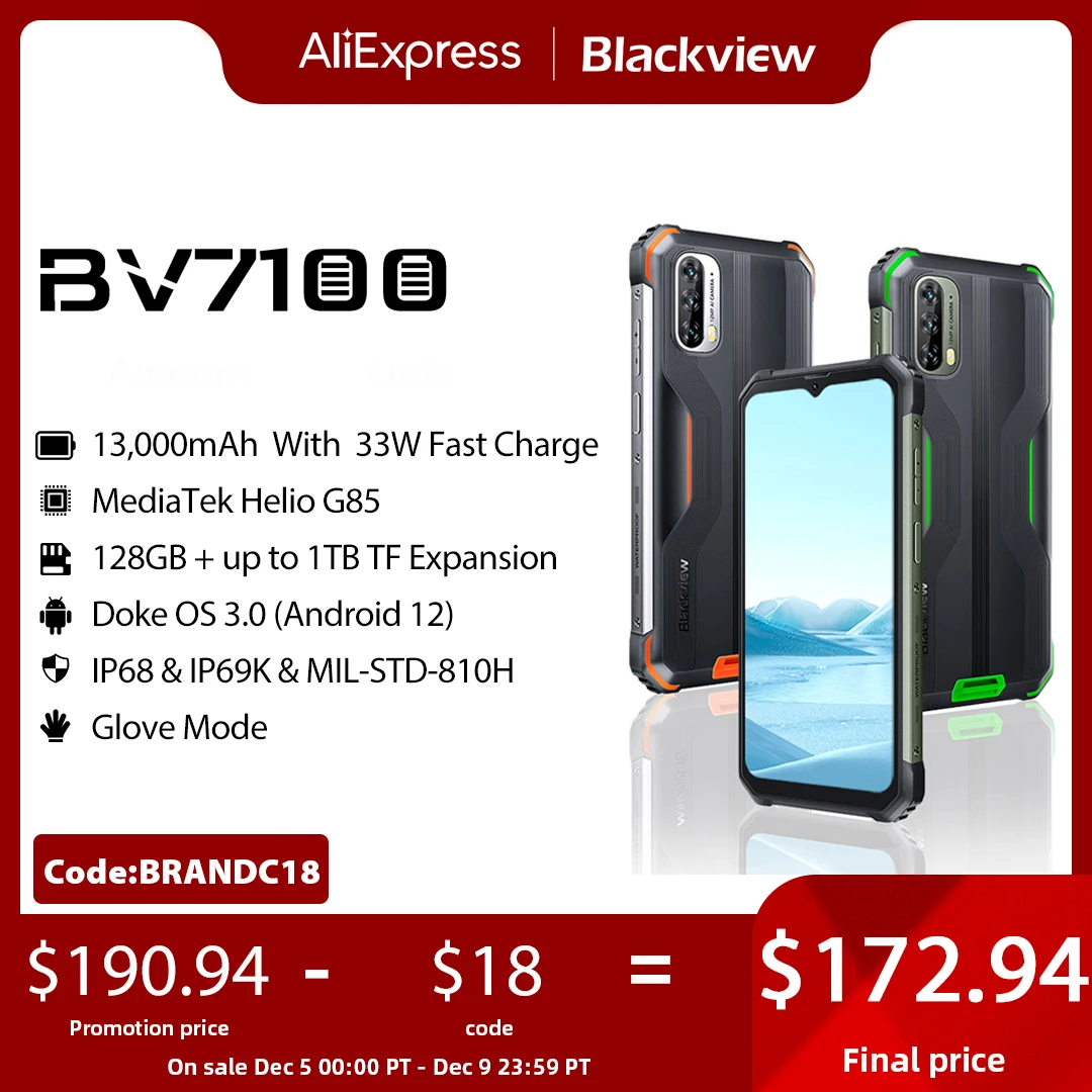 Blackview BV7100 러기드 휴대폰, 방수 휴대폰, 6 GB, 128 GB, 13000 mAh, 안드로이드 12 옥타 ...