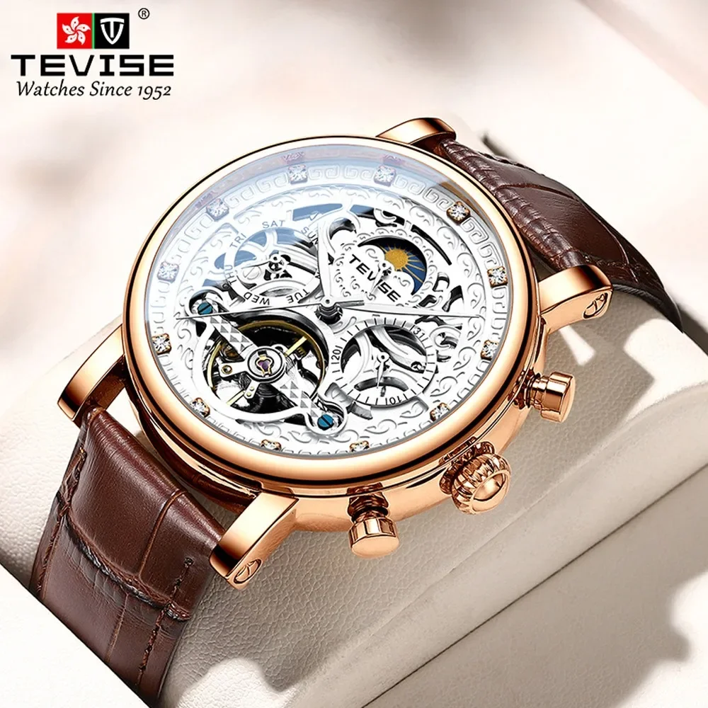 2024 New Tourbillon Hollow Movement Automatic Mechanical Watch Men Leather Multi-functional Waterproof Glow-in-the-dark Relógio
