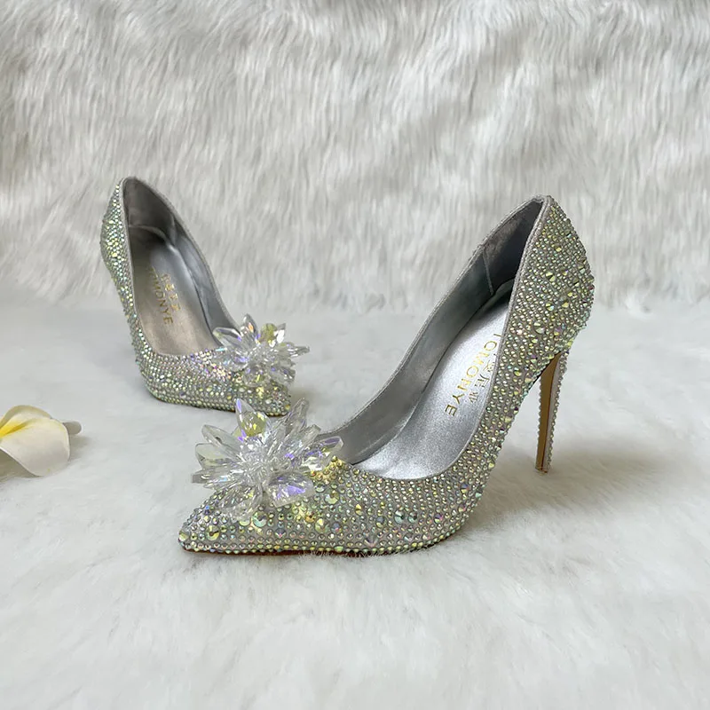 Women Luxurious Bling Bling Silver Crystal Wedding Shoes Stiletto Heels  Glittering Pointed Toe Shallow Pumps Rhinestone Shoes - AliExpress