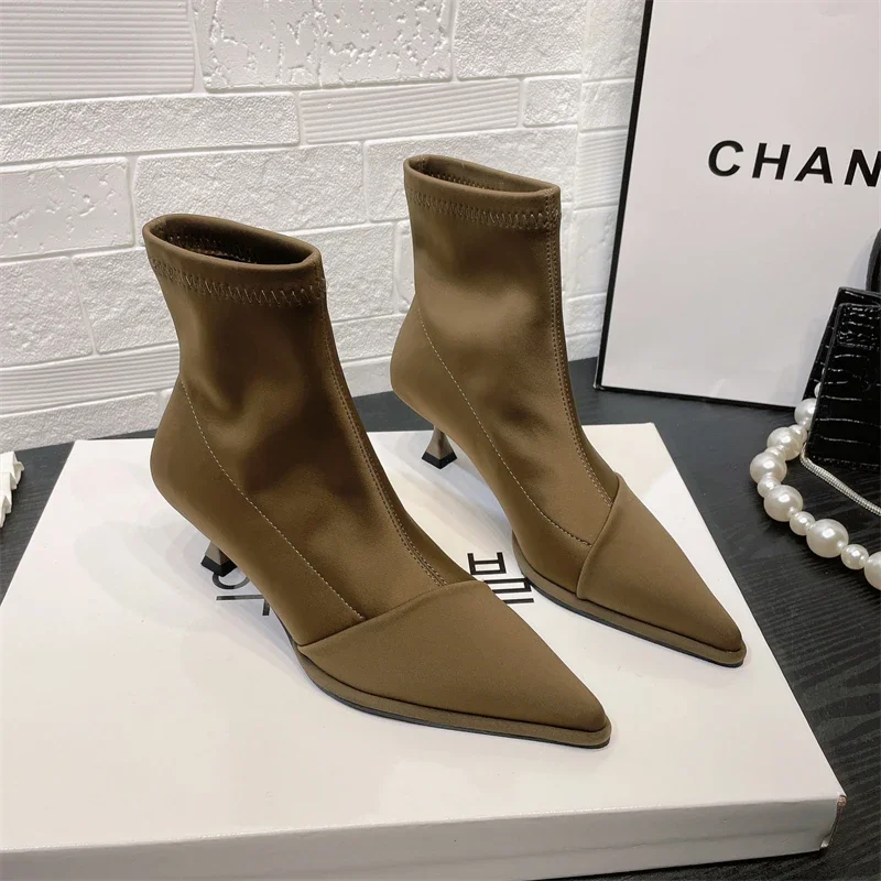 Botas Mujer Invierno 2023 Fashion Ankle Boots Pointed Elastic Boots Autumn Stiletto Boots Workplace Women's Shoes Botines Mujer