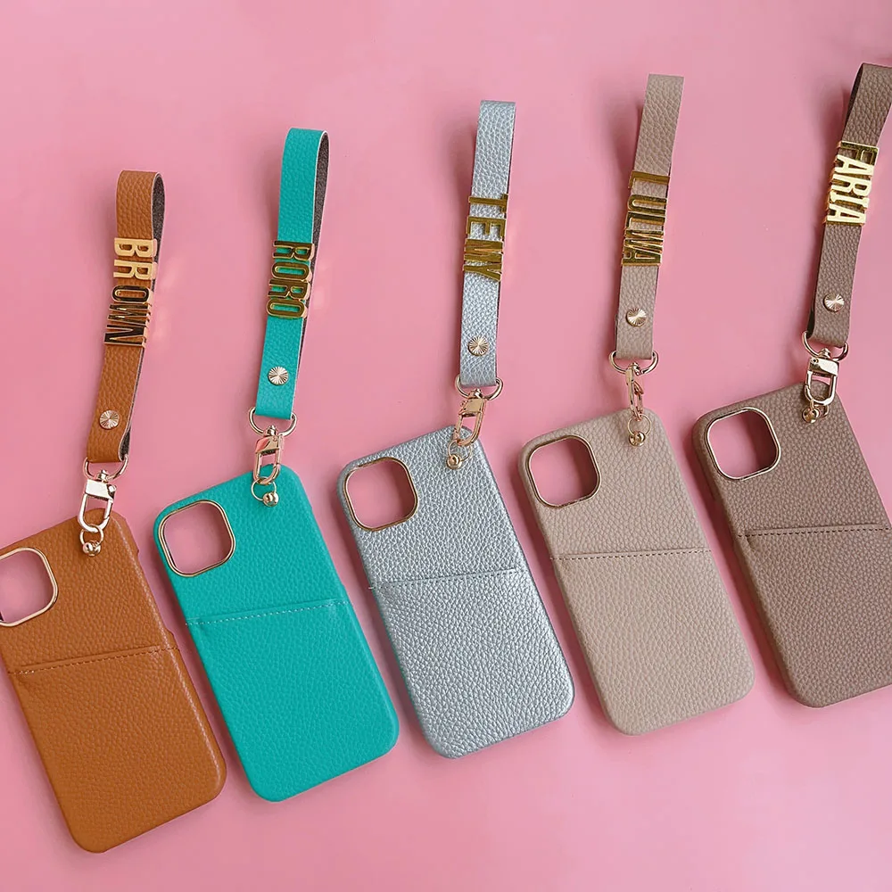 Personalise Pebble Leather Custom Name Card Holder Phone Case For iPhone 11 12 13 14 15Pro Max Protective Lanyard Bracelet Cover