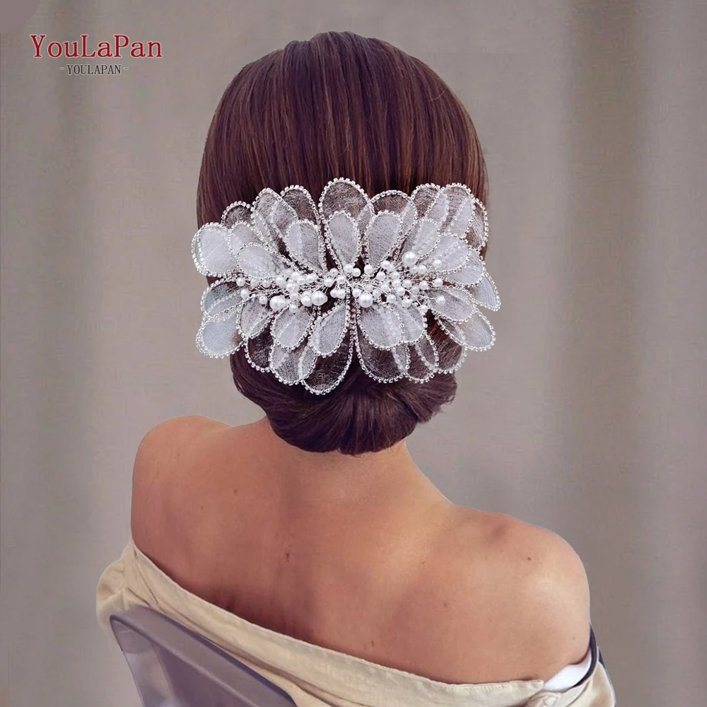 YouLaPan Handmade Mesh yarn Leaf Shape Headband Elegant Women Pearl Headwear Hair Accessories Rhinestone Wedding Headdress HP681