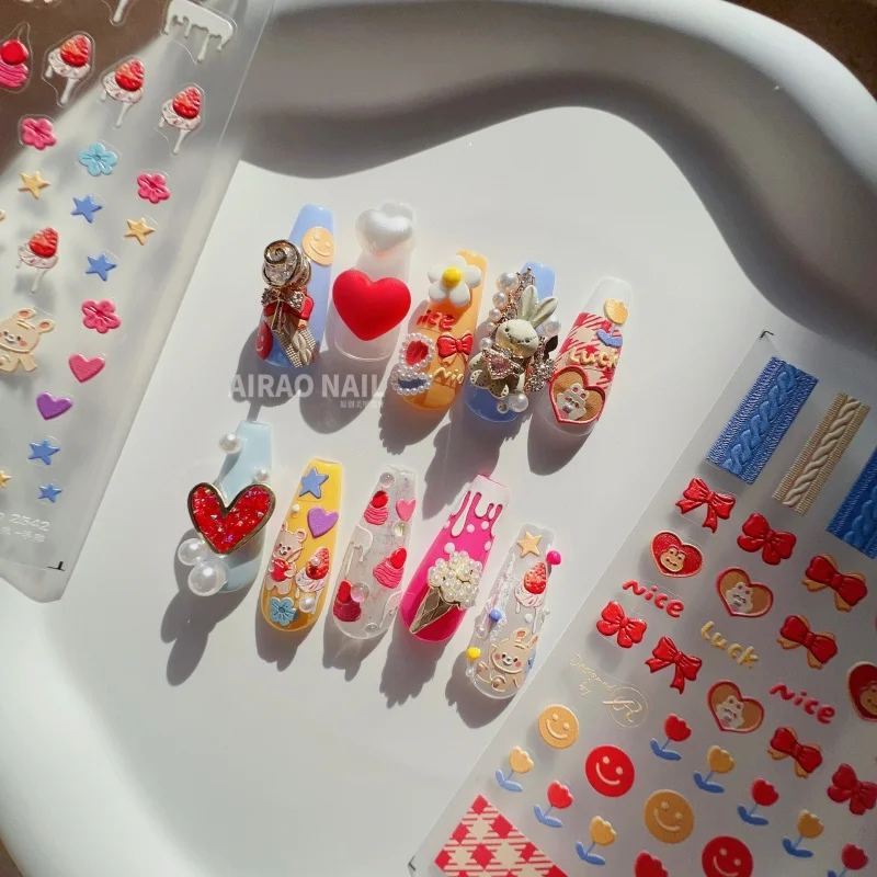 

[Meow.Sensei] Relief Nail Stickers Love Enchanting Cooperation Cute Nail Sticker Strawberry Bunny Nail Ornament