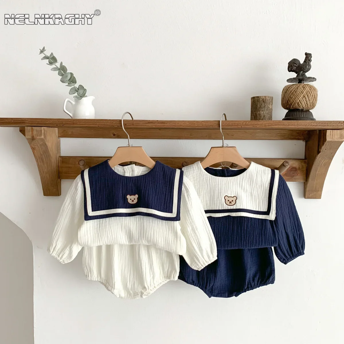 New In Autumn Kids Baby Girls Full Sleeve Naval Leader Bear Top T-shirts+solid Shorts Toddler Infant Cotton Clothing Set 2pcs 1