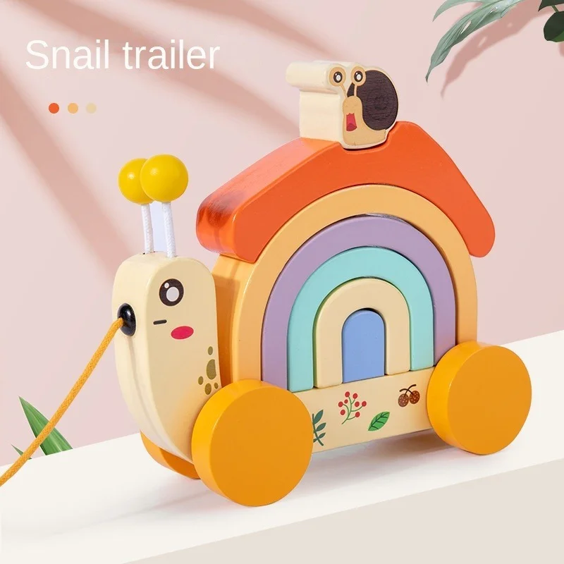 

Wooden Baby Toddler Tractor Rainbow Snail Stacked Le Building Blocks Early Education Educational Parent-child Set of Column Toys