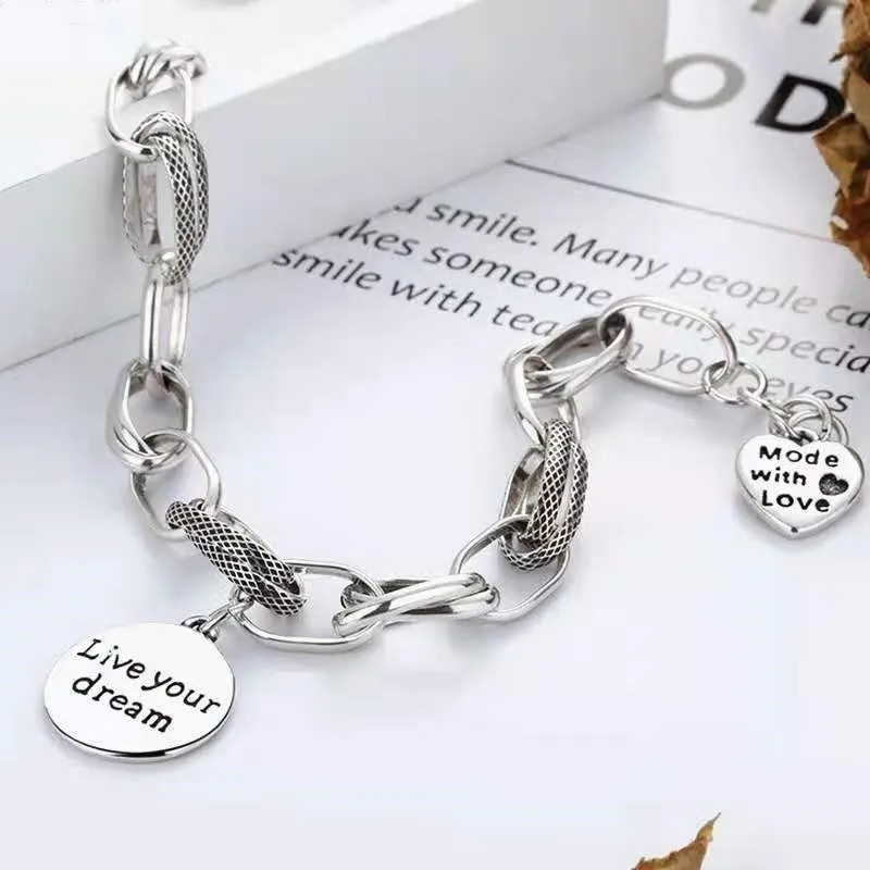 Retro Thai Silver Round Letter Pendant Bracelets for Men Women Hip Hop Thick Heart Charm Chain Party Jewelry Couple Gifts
