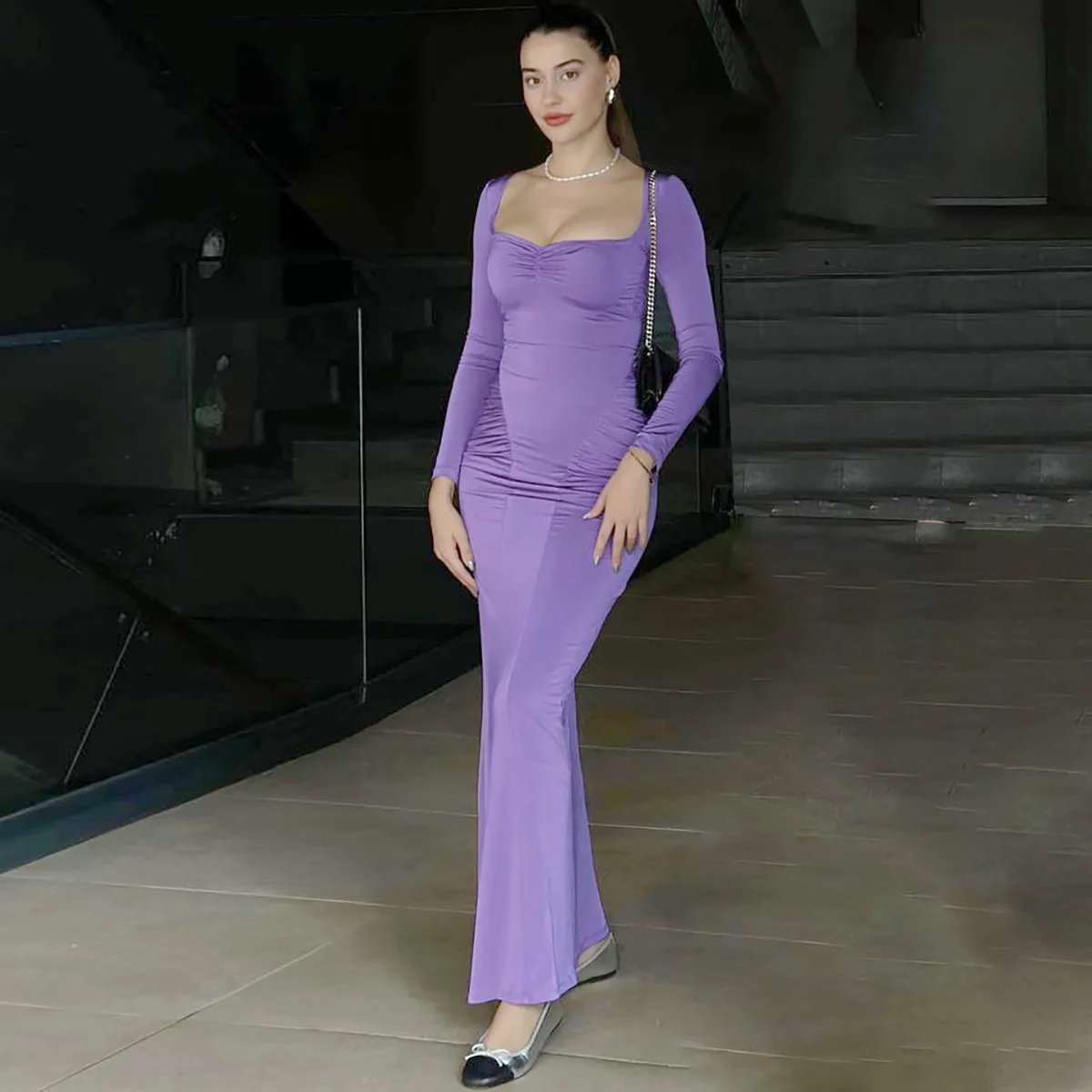 2025 Elegant Long Sleeve Party Dresses Sexy High Waist Slim Fit Women's Evening Dress Fashion Solid Color Pleated Long Dresses