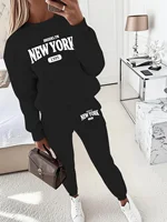 New York Print Two piece Set Casual Kangaroo Women's Casual Fashion Round Neck Sweatshirt, Solid Color Long Sleeves Sweatshirt, - Image 5