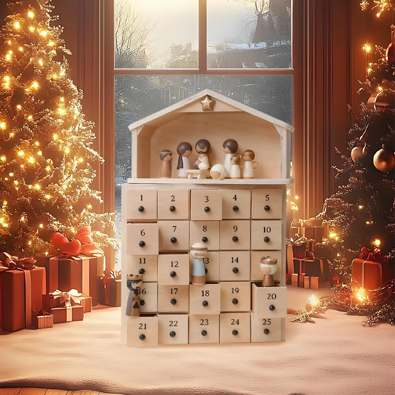 The Rescuer Nativity Advent Calendar - 25-Drawer Wooden Chest Paper Drawers & 30pcs Resin Keepsake Figurine for Kids Family Gift