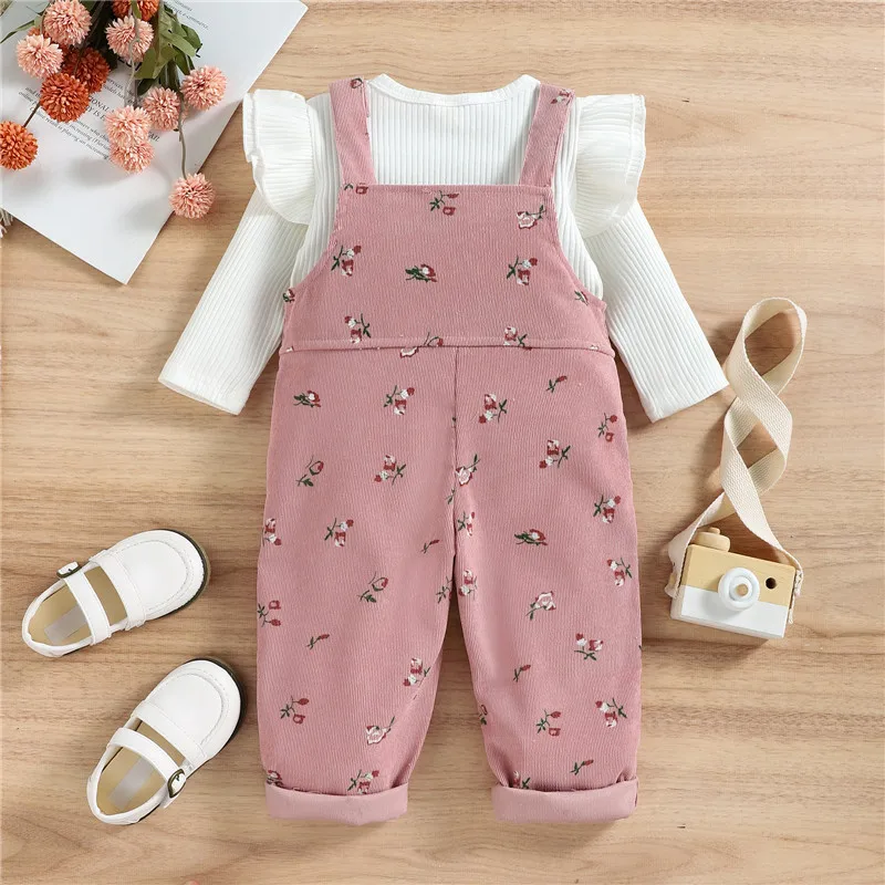 1-4yers Infant Girls Spring Fall Set Pink White Long Sleeve Tops+ Floral Print Suspender Trousers Outfits For Toddler Girls