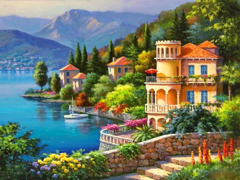 Description Picture 3 of itemLandscape Seaside Town Pre-Printed Cross-Stitch Embroidery Full Kit Knitting Painting Craft Needlework Package Room Decor Needle
