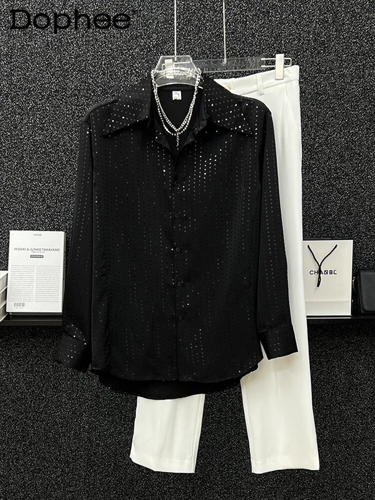 

Spring 2024 Men's Sequined Long Sleeve Shirt Men's Fashionable Shirts Handsome High-End Male Sequin Single Row Multi-Buckle Top