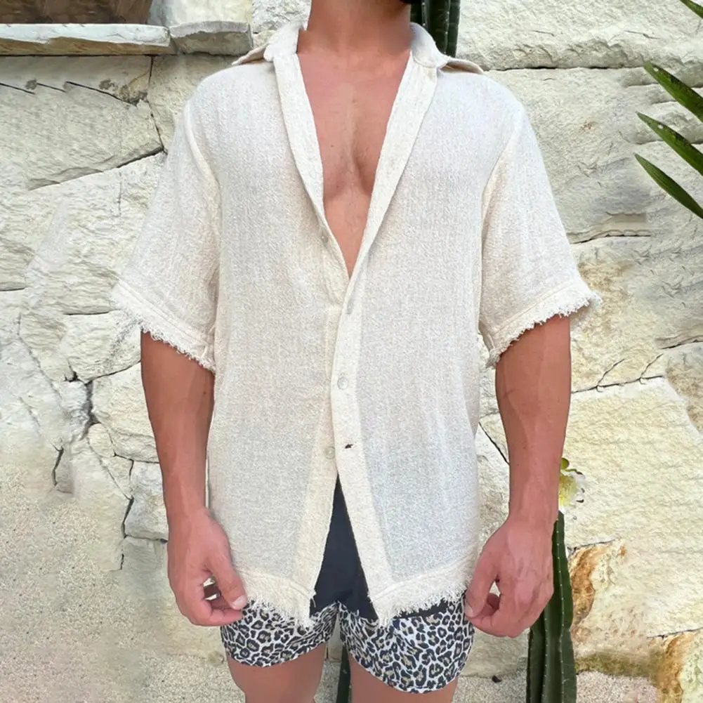 

Vintage Pleated Cotton Linen Tops Men Summer Loose Short Sleeve Buttoned Turn-down Collar Casual Shirts Men's Clothes Cardigans