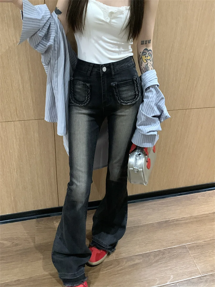 

Slergiri Women's Flare Jeans Vintage Y2K Washed Do old Denim Pants Streetwear High Waist Fashion Slim Raw Hem Jeans Trousers