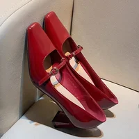 Retro Rhinestone Square Toe Block Heel Mary Jane French Style Patent Leather Mid-Heel Pumps High Heels Women Shoes
