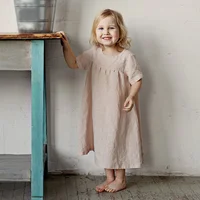 2024 SummerGirls Round Neck Solid Color Pleated Cotton And Linen Dress New Loose Short-Sleeve Children's Dresses，TZ31 3