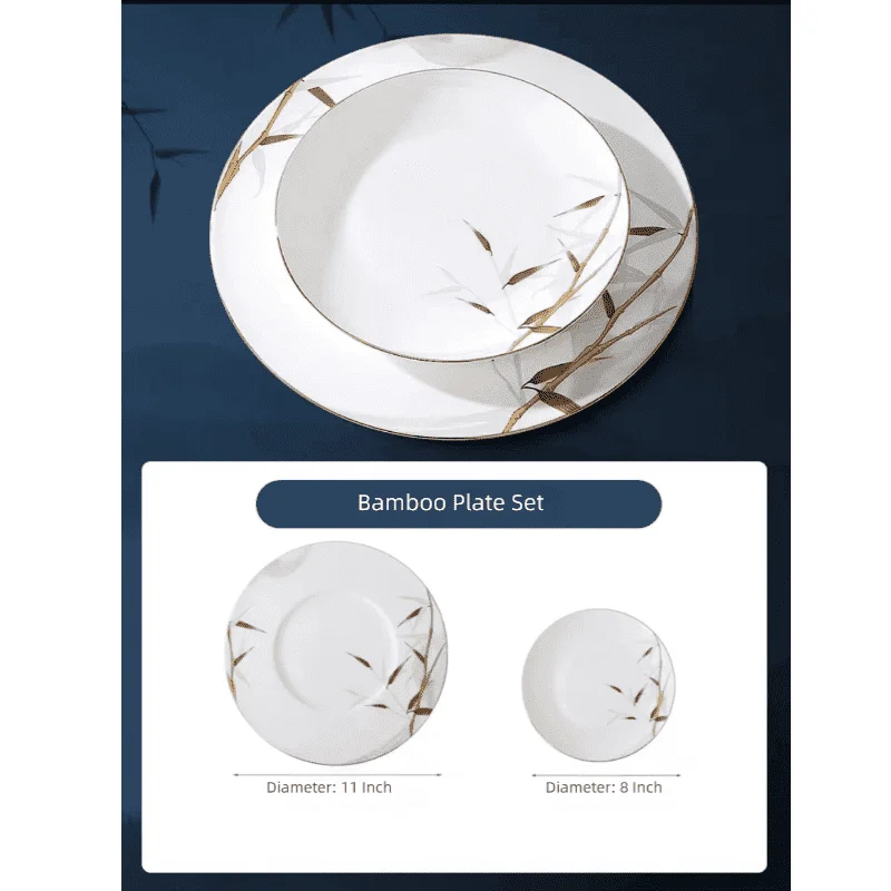 Chinese Bamboo Plate Set,Bone China Plate Set with Floral Pattern,Perfect for Home & Hotel Use