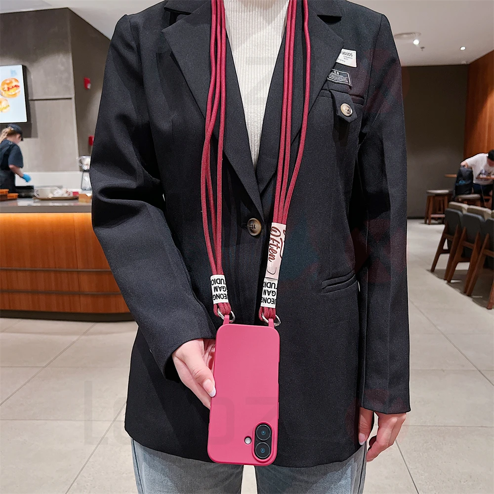 Crossbody Necklace Strap Cord Matte Soft Phone Case For iPhone 16 15 Pro Max 14 Plus 13 12 11 Liquid Silicone Shockproof Cover_voghion.com