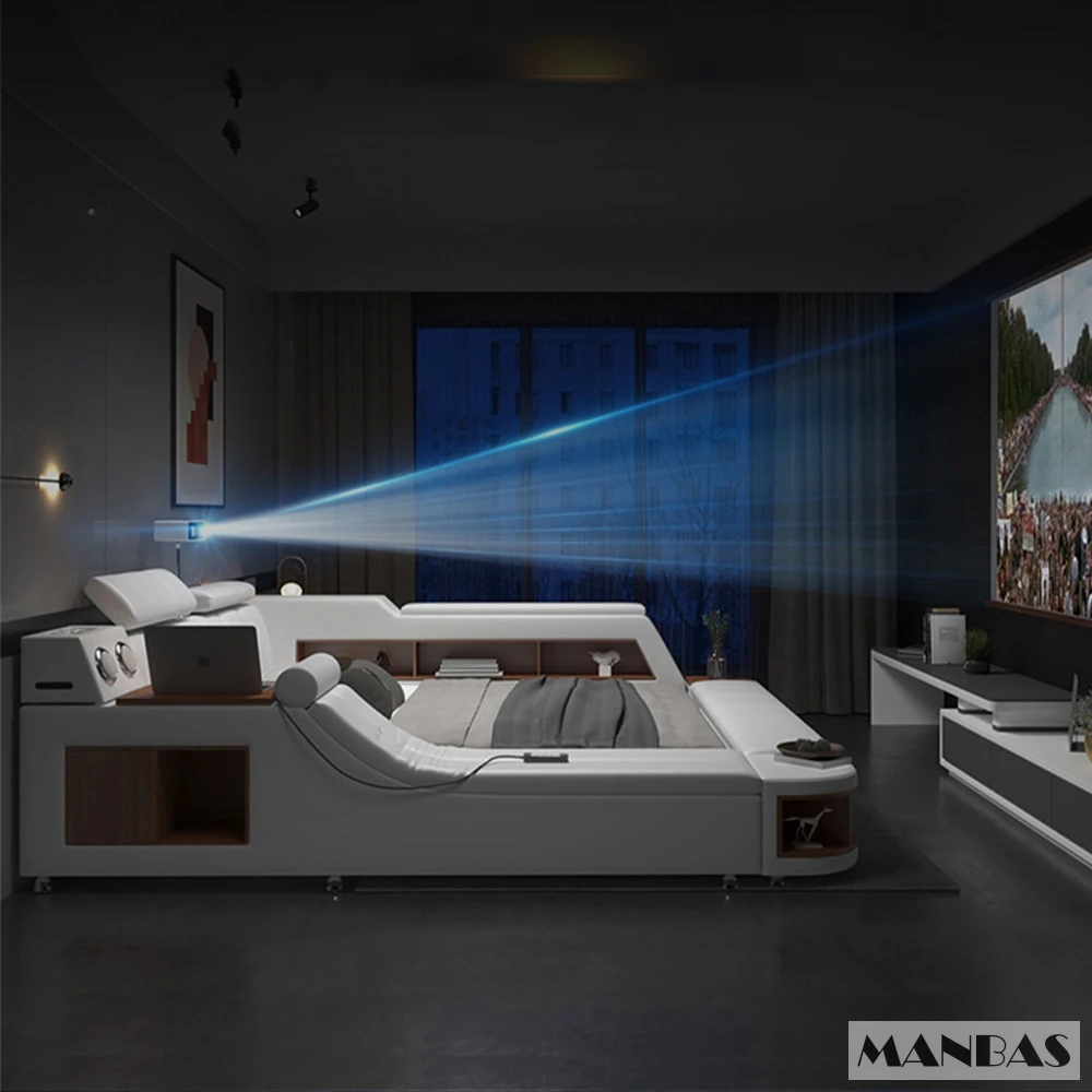 Linlamlim Tech Smart Genuine Leather Bed Multifunctional Ultimate Beds Massage Tatami Bed with Speaker,USB Upholstered Lit