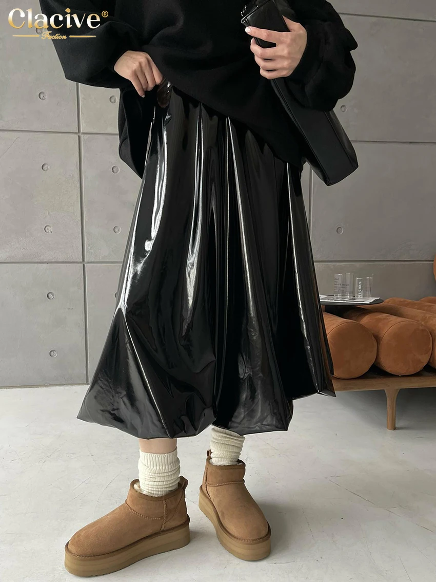 

Clacive Fashion Black Pu Leather Women'S Skirt Elegant High Waist Ankle Length Skirt Casual Classic Pleated Skirt Female Clothes