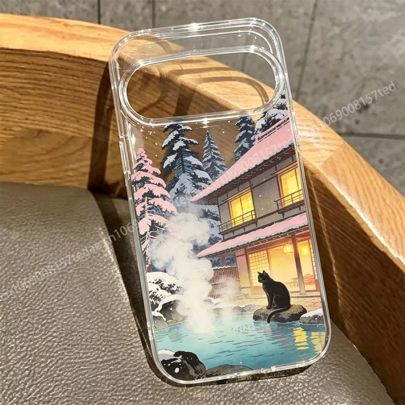 Mount Fuji Scenery Black Cat Clear Phone Case
