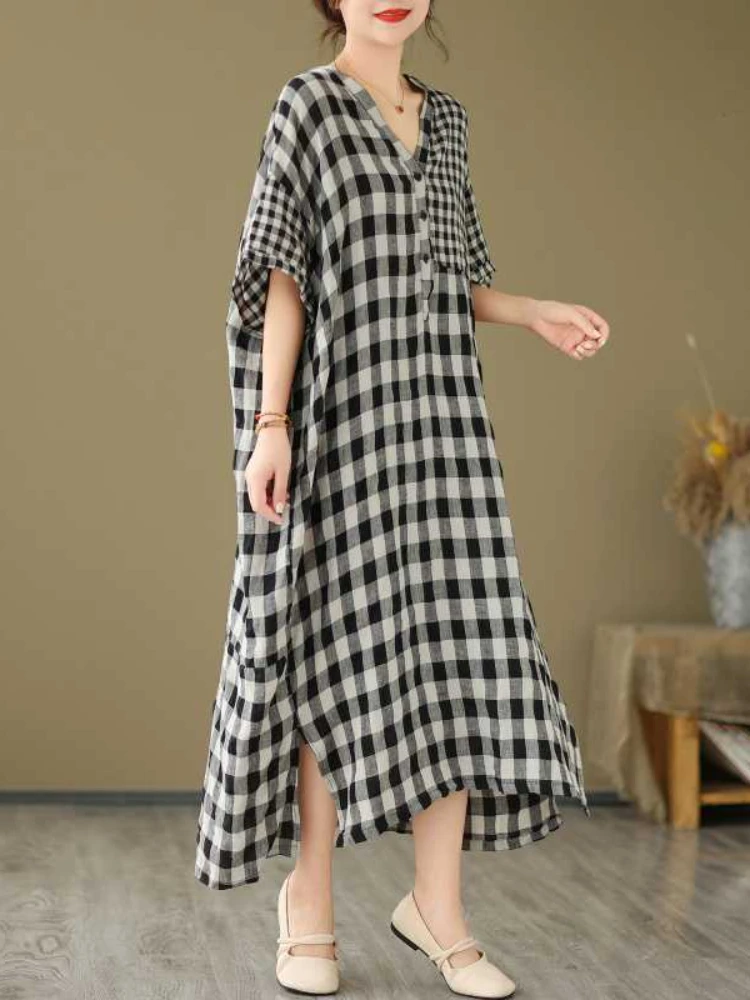 

Dresses for Women 2023 New Summer Plaid V-neck Long Dress Streetwear Vintage Dress Korean Style Loose Elegant Women Clothing