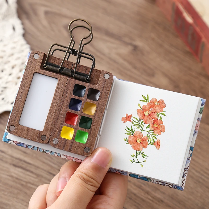 Mini aquarelpalet voor reizen, draagbaar palet met houten pallet, 8 Mini aquarelpalet voor reizen, draagbaar palet met houten pallet, 8
