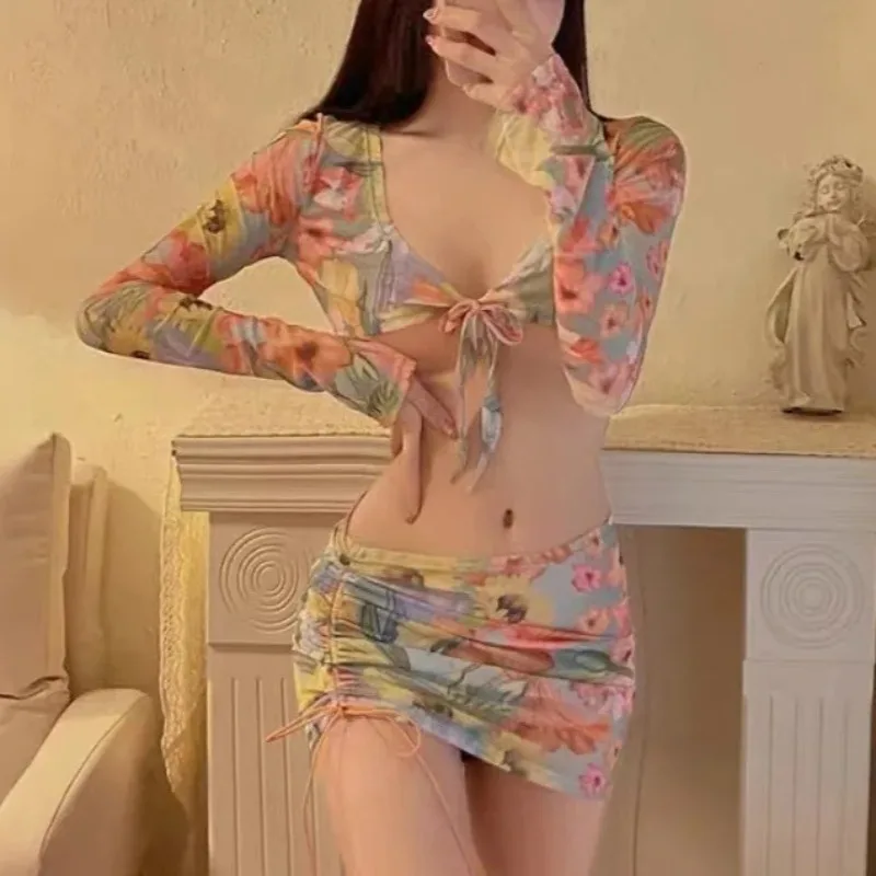 Bikinis Set Swimsuit Women Sweet Floral Prints Sexy Ruffle High Waist Swimwear Long Sleeve Tie Knot  Beach Wear Bathing Suits