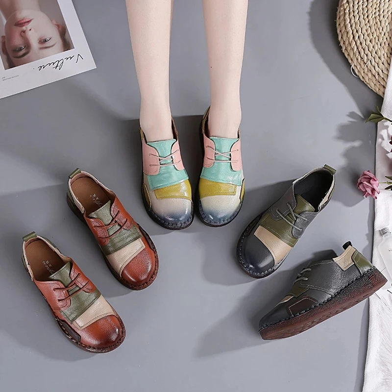 Women Mother Ladies Female Cow Genuine Leather Shoes Flats Loafers Slip On Casual National Style Plaid shoes
