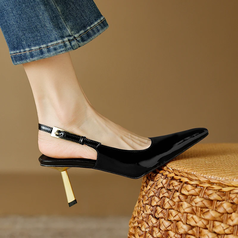 

2024 new summer women sandals natural Leather shoes 22-24.5cmsheepskin+pigskin full leather Buckle metal heel high heels women